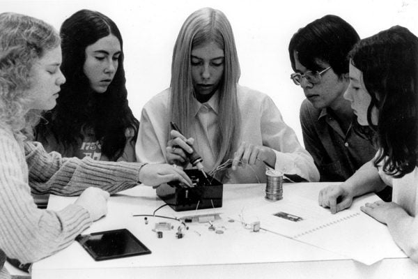 A group of high school students constructs basic measuring devices for testing air, water, noise, and radiation-pollution levels. c. 1972
