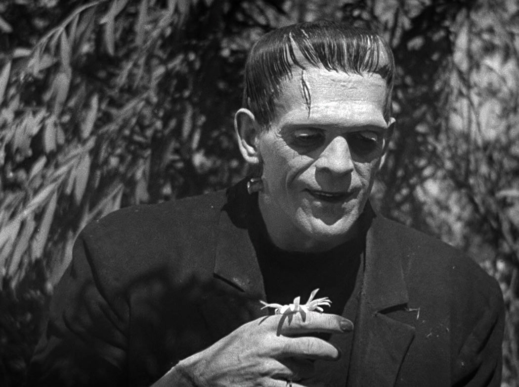 Frankenstein's monster, holding a flower 