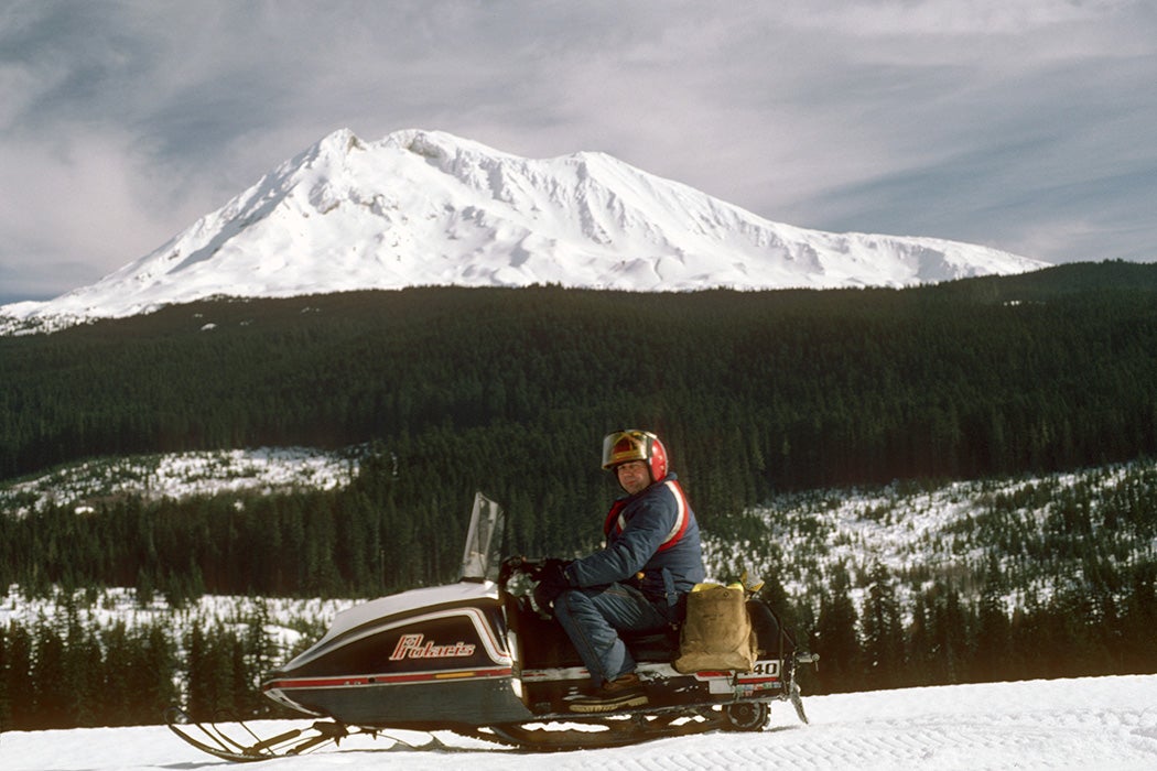 A person snowmobiling in Gifford Pinchot National Forest, WA, 1987