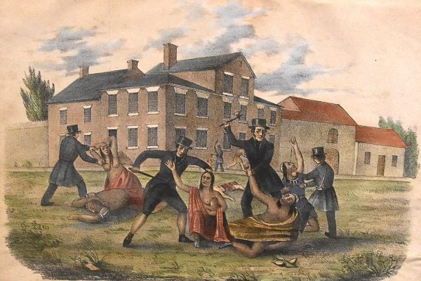 19th century lithograph telling the story of the 1763 attack by the Paxton Gang against the local tribe of Susquehannock peoples in Pennsylvania