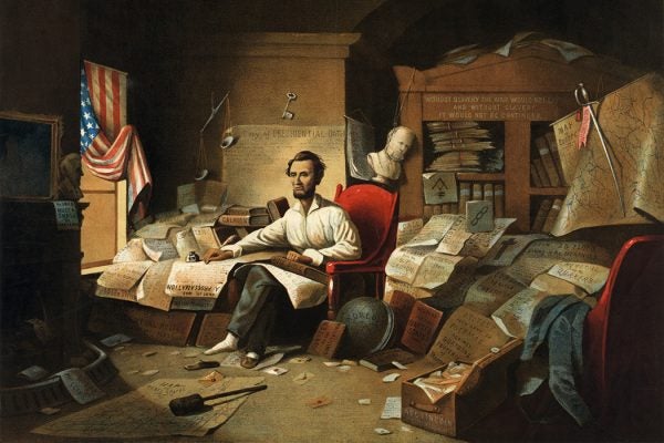 A print based on David Gilmour Blythe's fanciful painting of Lincoln writing the Emancipation Proclamation