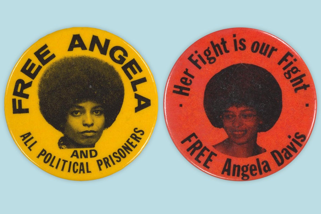 Two pins calling for Angela Davis to be freed from prison