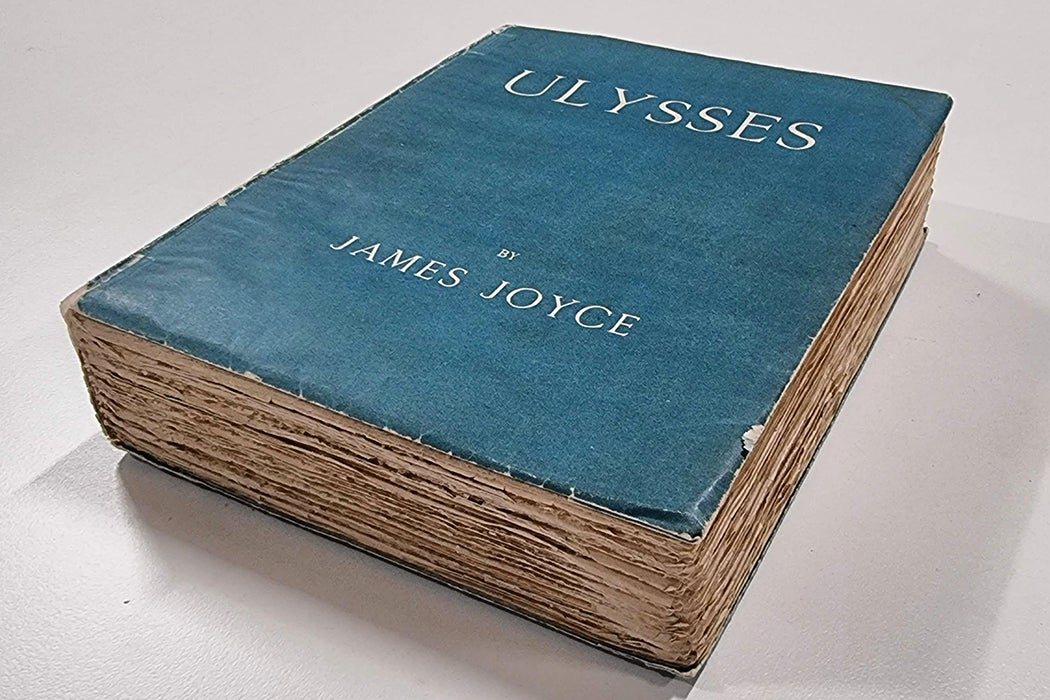 A photograph of the blue cover of the first edition, 1st printing of the book Ulysses by James Joyce, 1922