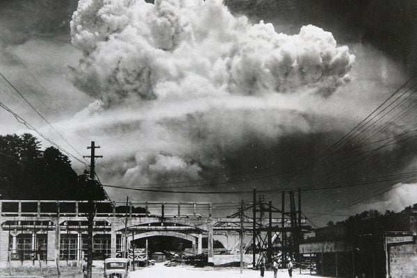 The radioactive plume from the bomb dropped on Nagasaki City, as seen from 9.6 km away, in Koyagi-jima, Japan, August 9, 1945.