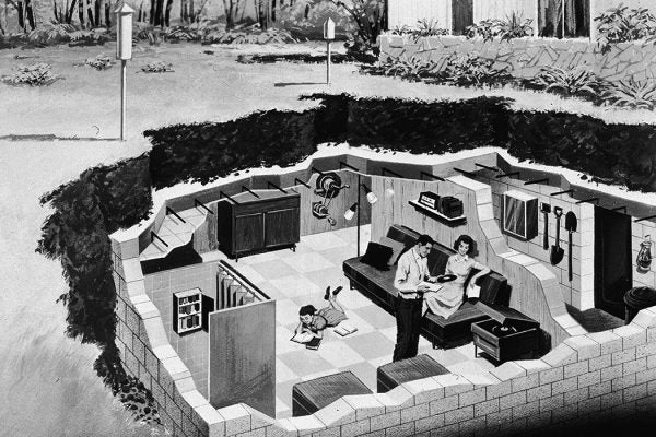 Illustration depicting a family in their back yard underground bomb shelter, early 1960s.