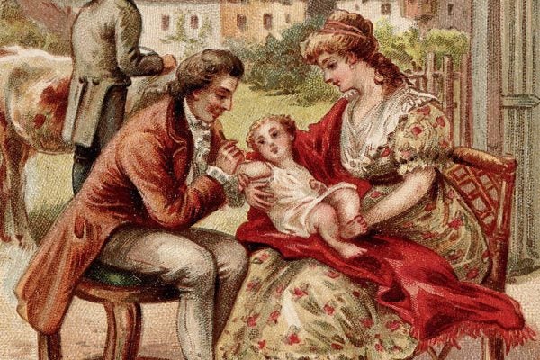 Edward Jenner vaccinating a young child, held by its mother
