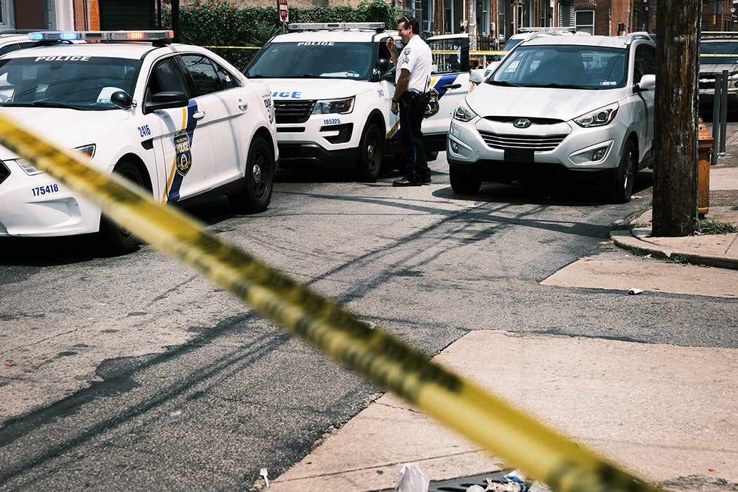 Police tape blocks a street where a person was recently shot in a drug related event in Kensington on July 19, 2021 in Philadelphia, Pennsylvania