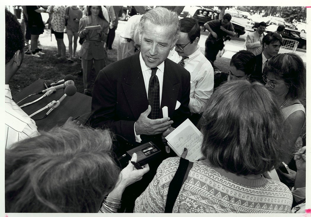 Joe Biden talks with reporters after P.C. on crime bill, 1994