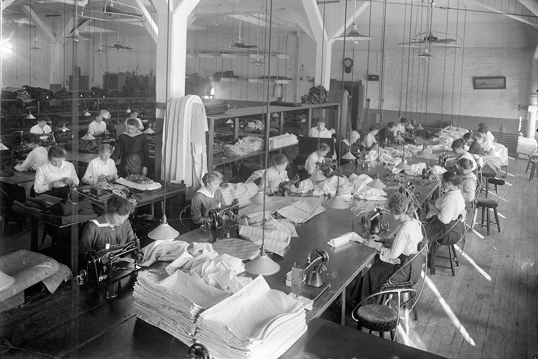 Women sewing fabric for seats at Pullman Works, Chicago, Illinois.