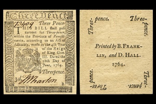 Three pence Colonial currency from the Province of Pennsylvania. Signed by Thomas Wharton. Printed by Benjamin Franklin and David Hall, 1764