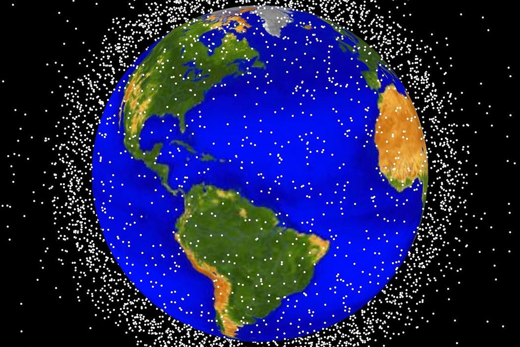 A NASA computer generated images of objects in Earth orbit that are currently being tracked. Approximately 95% of the objects in this illustration are orbital debris, i.e., not functional satellites.
