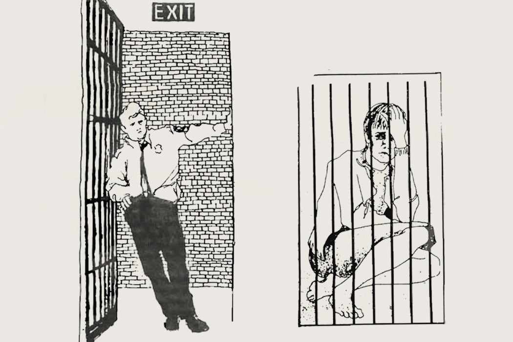 Illustration of a guard looking in on a distraught prisoner