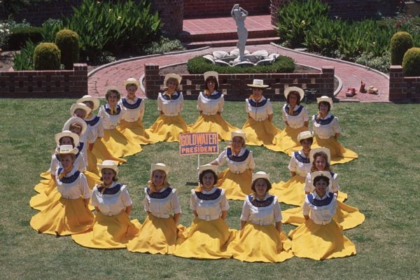 A group of Goldwater girls sitting in the shape of a 'G' in Sherman Oaks, California, whilst campaigning for Barry Goldwater, the Republican candidate for the Presidential election, July 1964