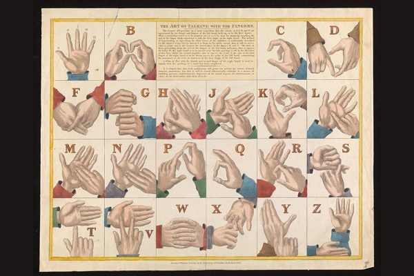 A colored etching of hands showing the sign language alphabet
