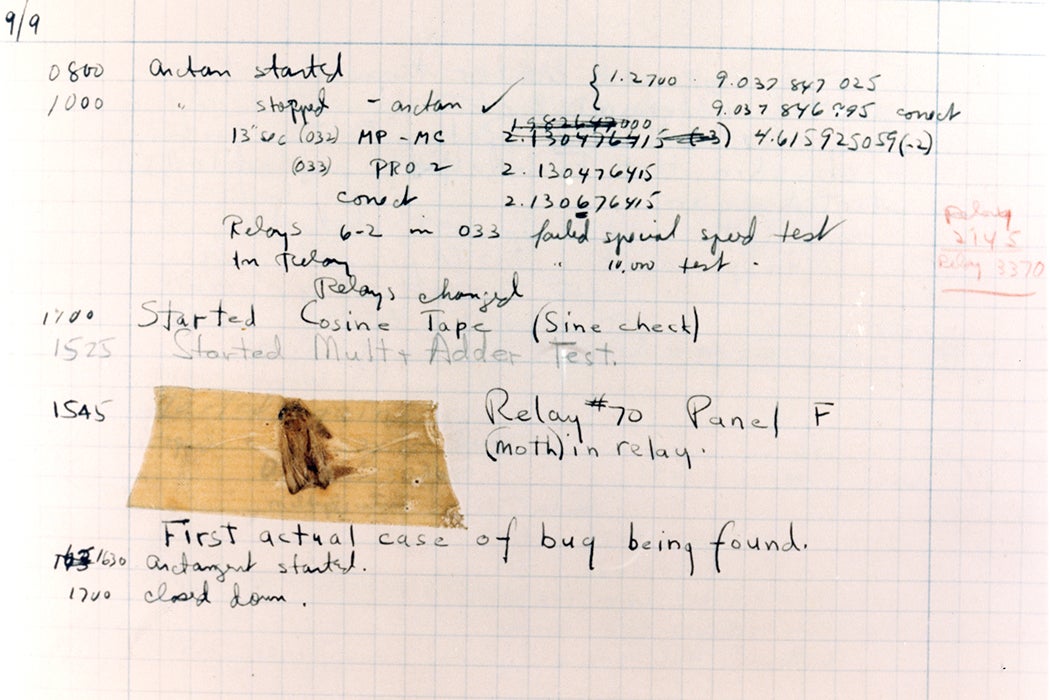 The First "Computer Bug" Moth found trapped between points at Relay # 70, Panel F, of the Mark II Aiken Relay Calculator at Harvard University, 9 September 1947.