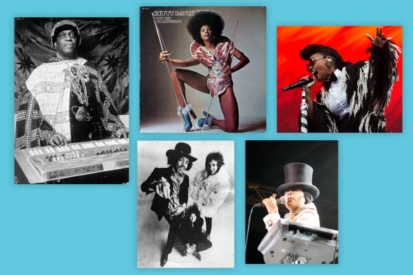 Clockwise: Sun Ra, Betty Davis, Janelle Monáe, Erykah Badu, and Jimi Hendrix