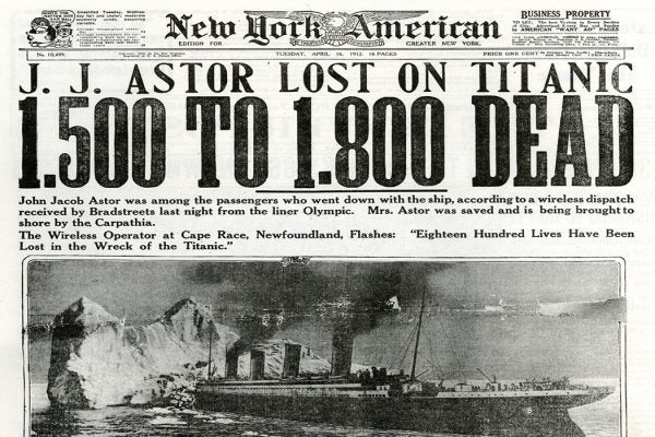 The New York American 1912 Headline for the sinking of the Titanic