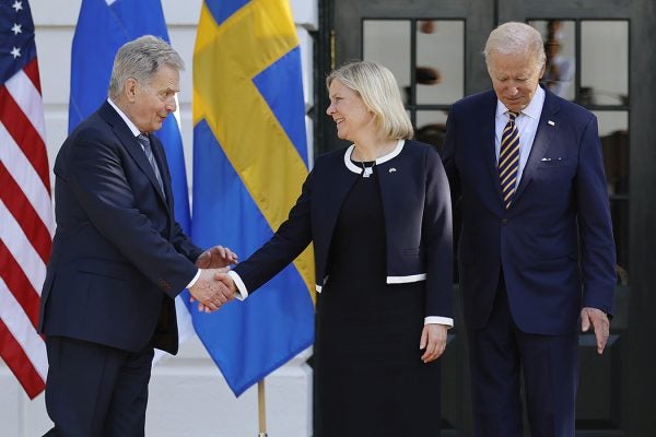 Finland's President Sauli Niinisto (L) greets Sweden's Prime Minister Magdalena Andersson as they are welcomed to the White House by U.S. President Joe Biden on May 19, 2022 in Washington, DC.