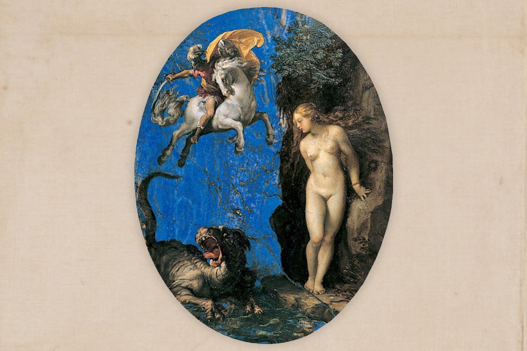 Perseus Rescuing Andromeda by Cavaliere D'Arpino, painted on lapis lazuli