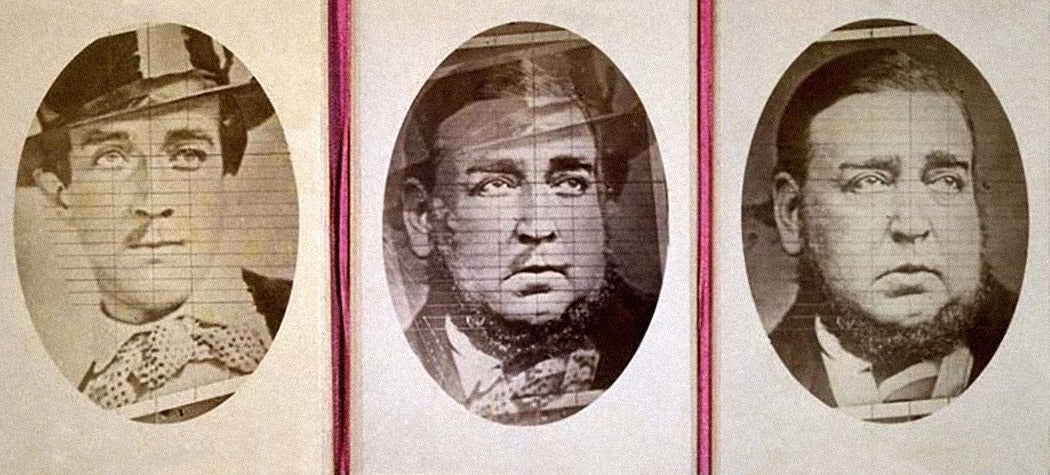 A group of photographs designed to prove that Roger Tichborne (left) and the person claiming to be him (the "Claimant", right) were one and the same, as per the central blended image.