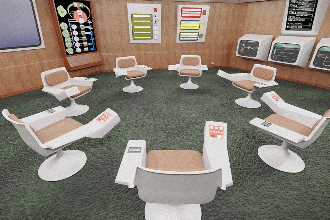 A computer-generated image of the Project CyberSyn operations room