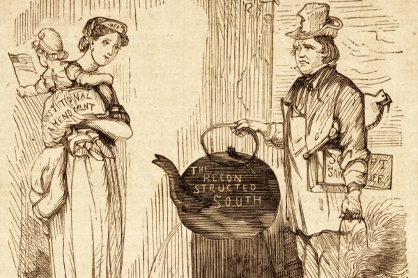 Andrew Johnson holds a leaking kettle, labeled "The Reconstructed South", towards a woman representing liberty and Columbia, carrying a baby representing the newly approved 14th Constitutional Amendment