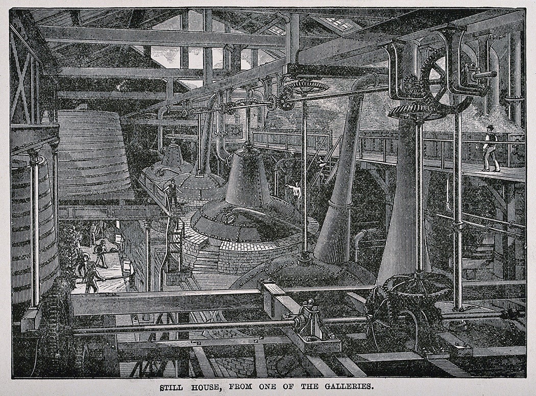 A still house in a whiskey distillery, late 19th century