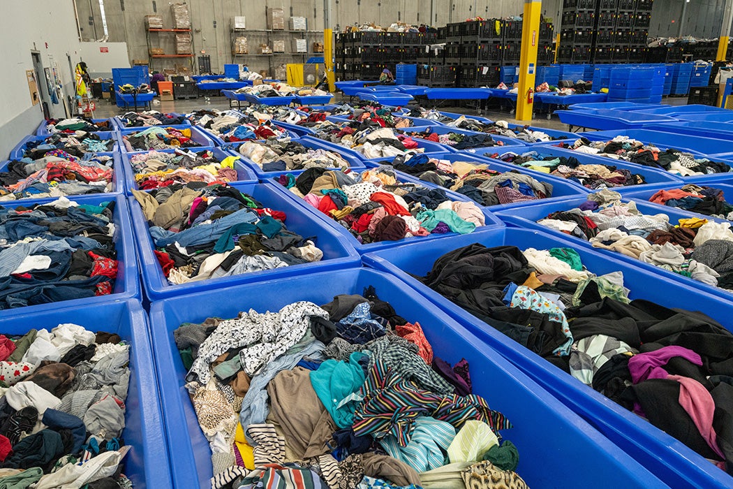 Bales of clothing are ready to be put on the sales floor at a Goodwill Outlet Center on July 27, 2022 in Hackensack, New Jersey.