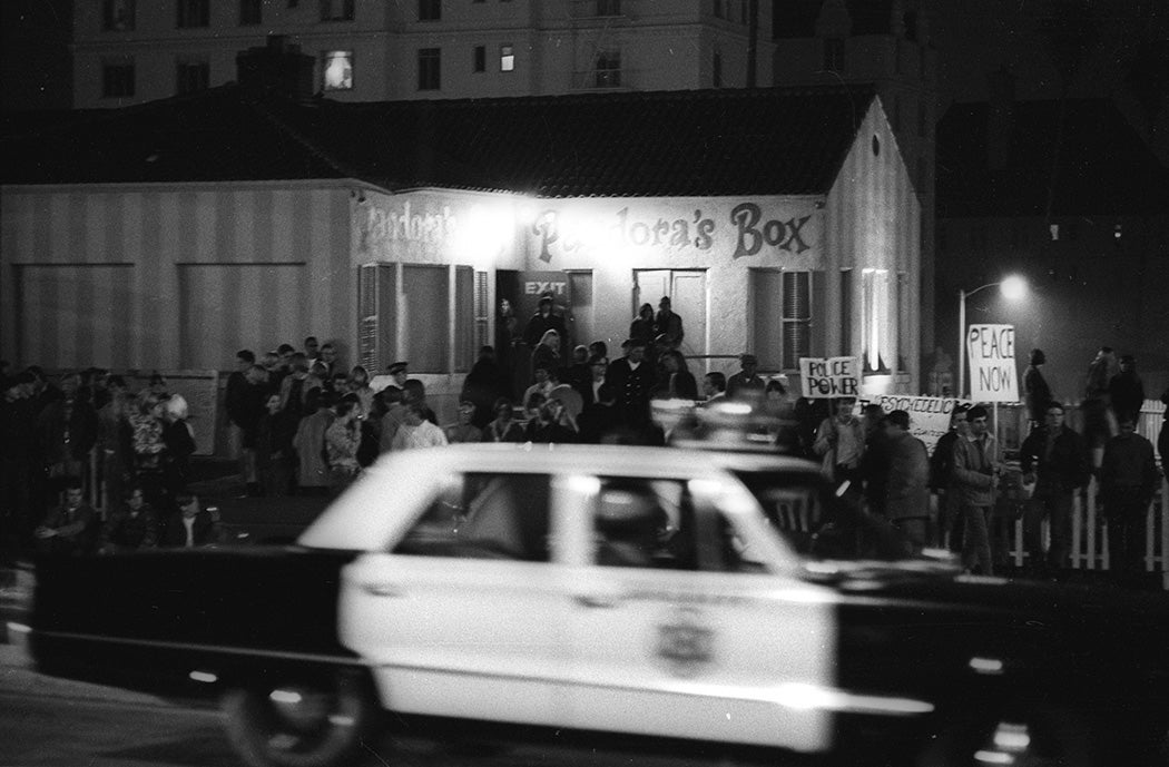 Approximately 1000 young music fans gathered at the Pandora's Box club on Sunset Strip to protest a 10pm curfew imposed by local residents during the "Sunset Strip Curfew Riots" aka "hippie riots" on November 12, 1966.