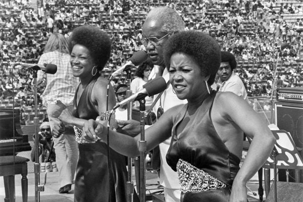The Staples Singers performing at Wattstax Los Angeles Memorial Coliseum on August 20, 1972.