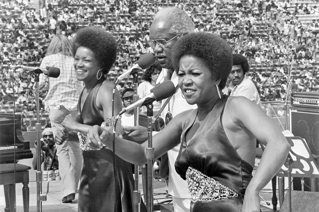 The Staples Singers performing at Wattstax Los Angeles Memorial Coliseum on August 20, 1972.