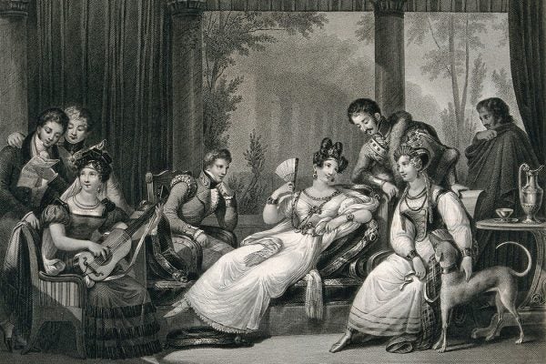 Three women and five men gathered in a room which opens up to classical architecture, the group on the left is making music while the others are engaged in conversation; representing the continent of Europe.