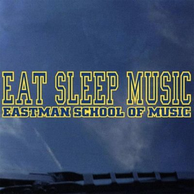 T-shirts and stickers with "Eat, Sleep, Music" are sold in the Eastman bookstore