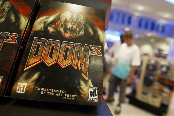 The video game "Doom 3" is displayed on a computer and game store shelf August 4, 2004 in New York City