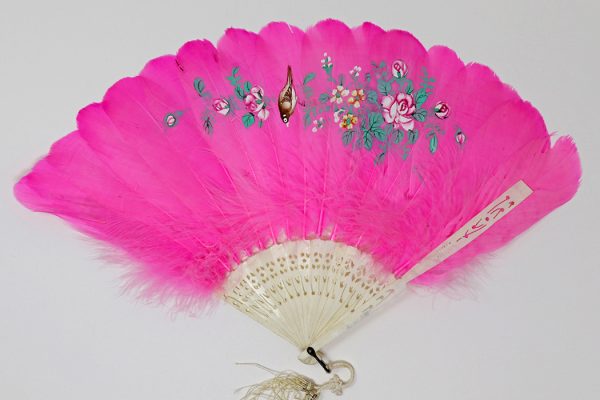 Hot pink feather fan with celluloid sticks and guards