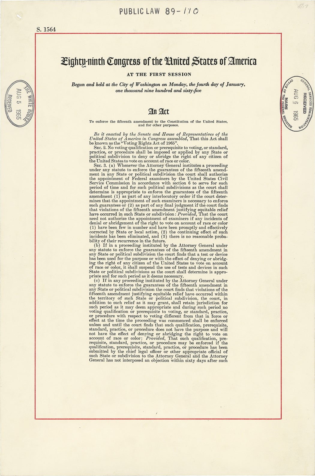 The first page of the Voting Rights Act