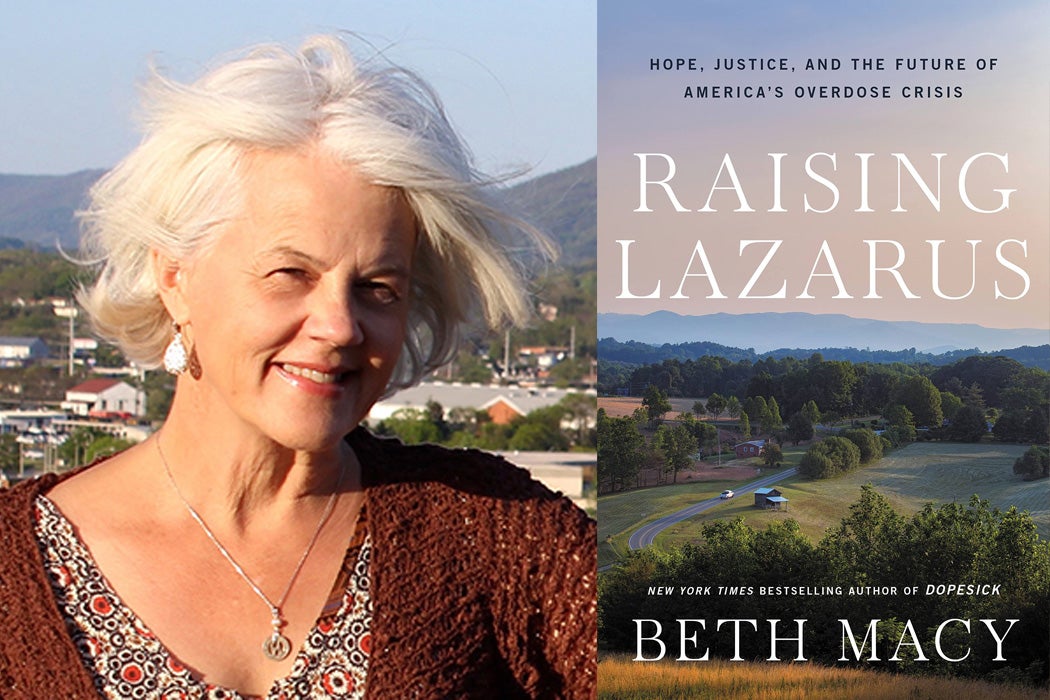 Beth Macy and the cover of her book Raising Lazarus