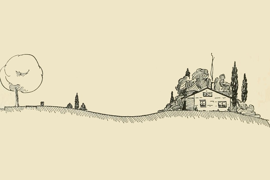 Pen-and-ink drawing of a small house on a hill with a tree nearby.