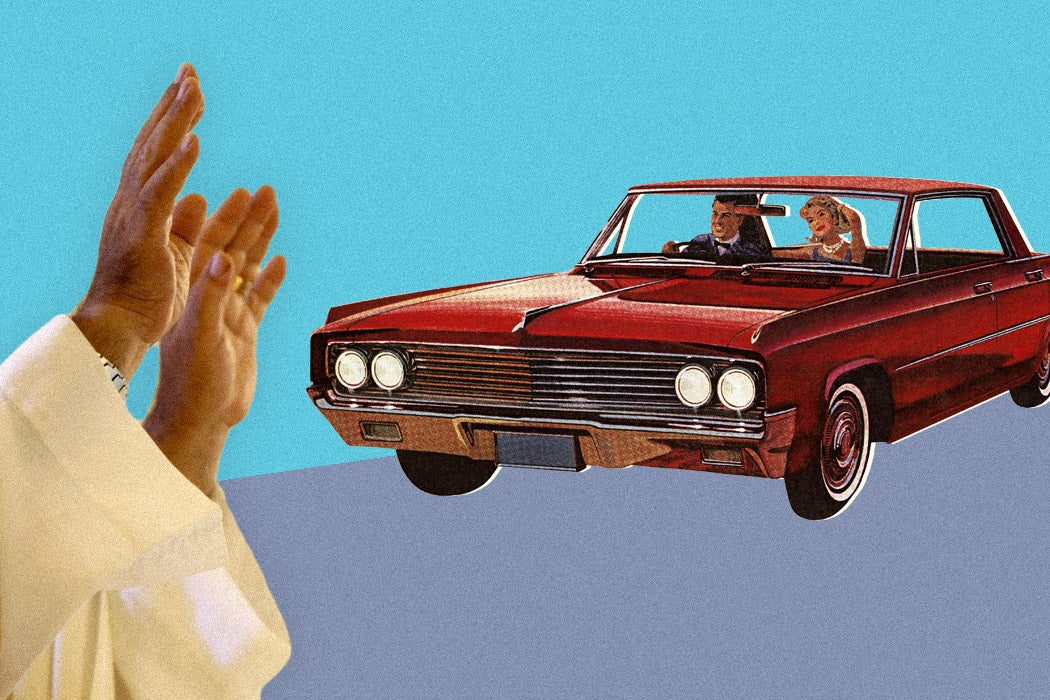 An illustration of a priest's hands blessing a car