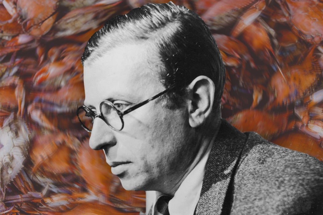 Jean-Paul Sartre in front of a swirling background of red crabs