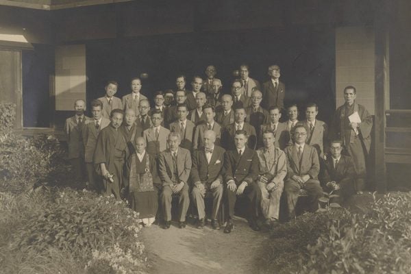 A photograph of George Leslie Stout, Langdon Warner, and Japanese officials at Nishi Honganji temple in Kyoto, Japan, May 1946