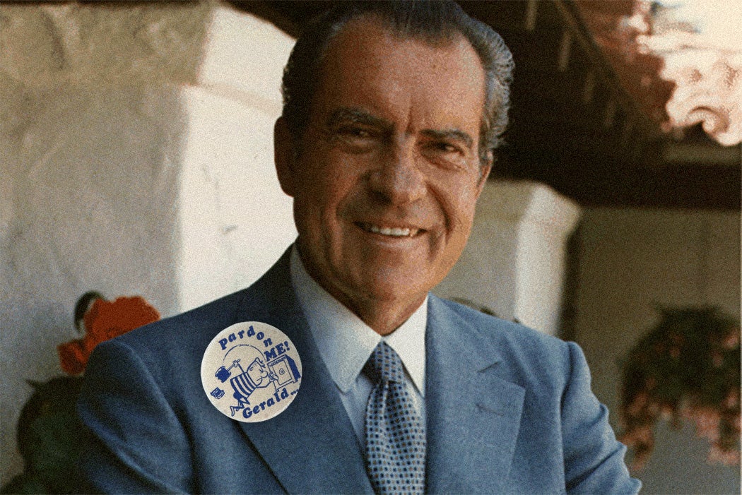 Richard Nixon photoshopped to be wearing a "Pardon Me! Gerald..." button.
