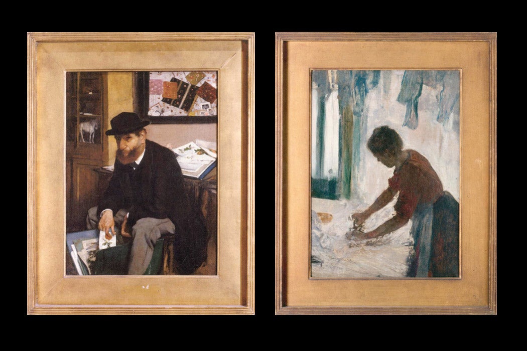 The collector of prints, by Edgar Degas, 1866, and A woman ironing, by Edgar Degas, 1873, both with original frames