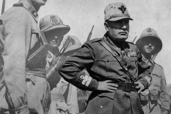Benito Mussolini on a visit to inspect Italian troops in a North African battle zone, 1942