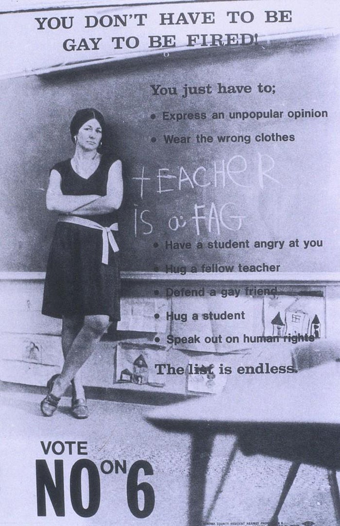 Advertisement against Proposition 6, an initiative sponsored by State Senator John Briggs to expel gay and lesbian teachers.