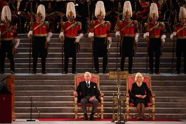 King Charles III and Camilla, Queen Consort take part in an address in Westminster Hall on September 12, 2022 in London, England.