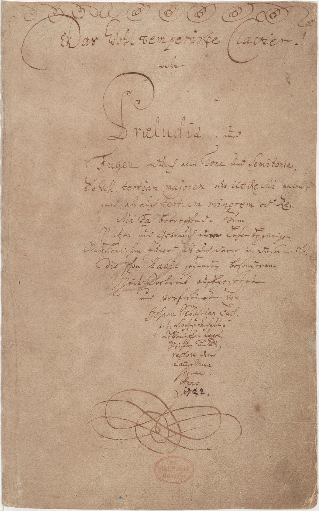 Autograph manuscript of title page of Book I of the Well-Tempered Clavier, 1722