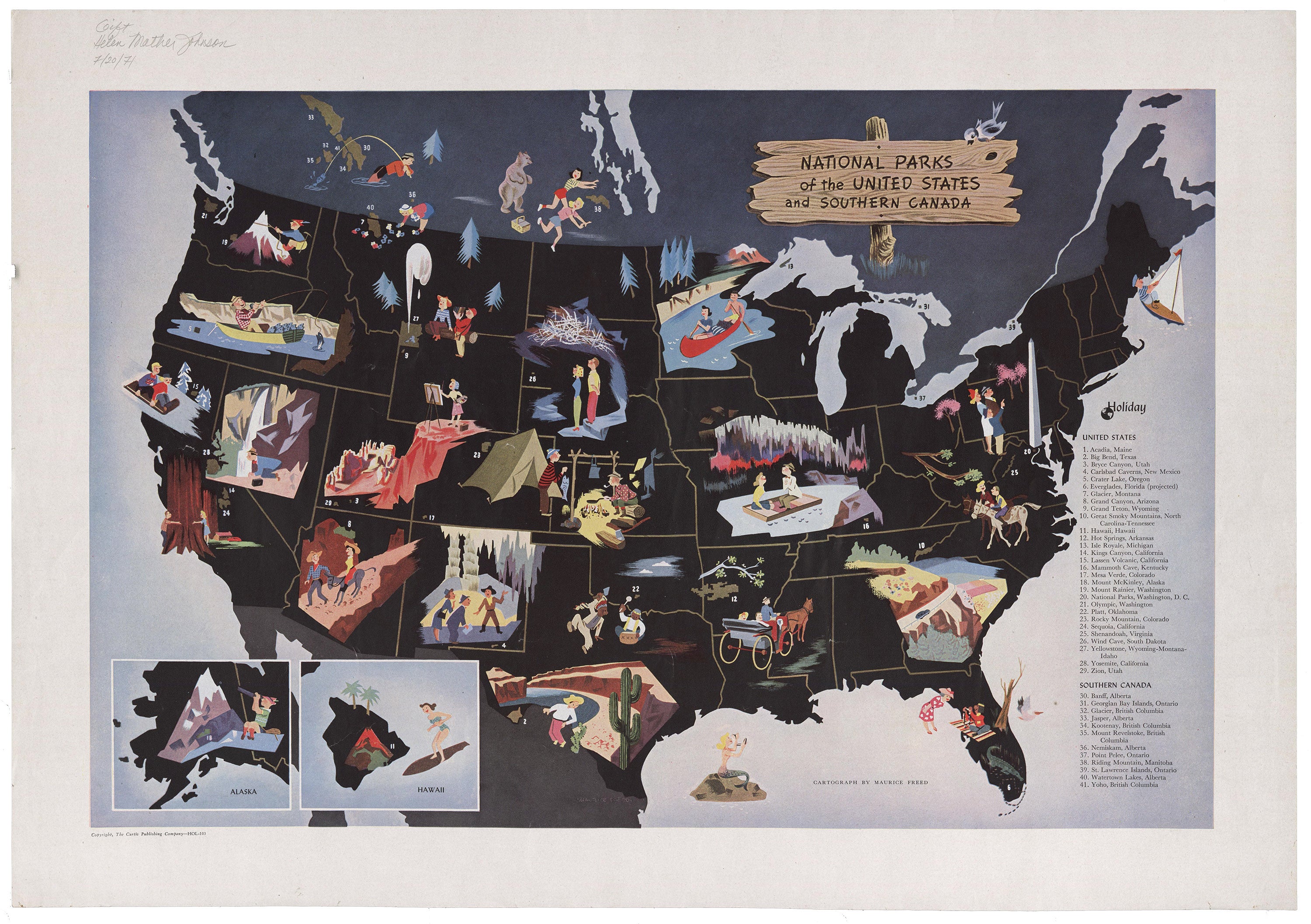 A pictorial map of Southern Canada and United States National Parks in the 1950s.