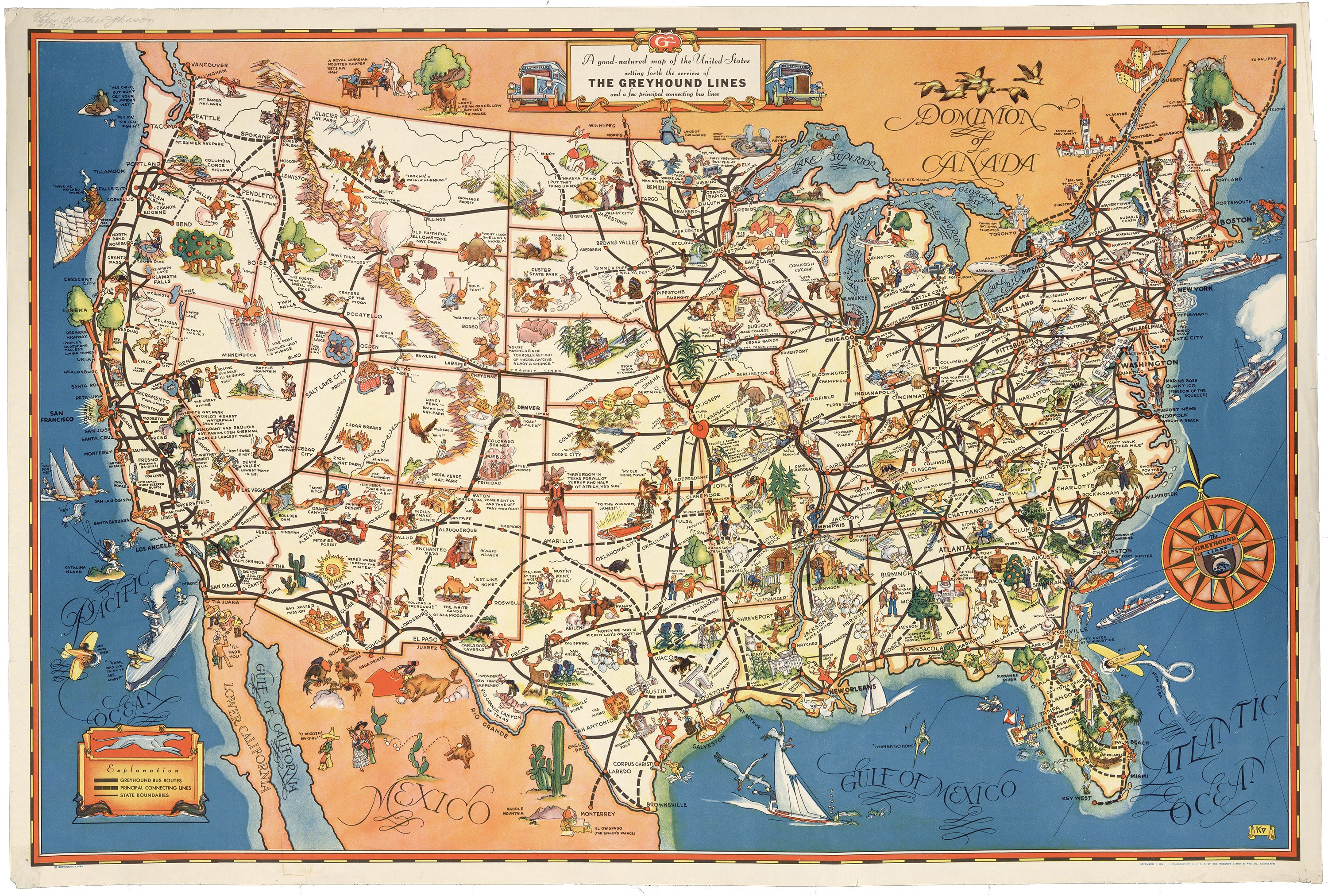 Pictorial map of the United States delineates Greyhound Bus Lines in 1934
