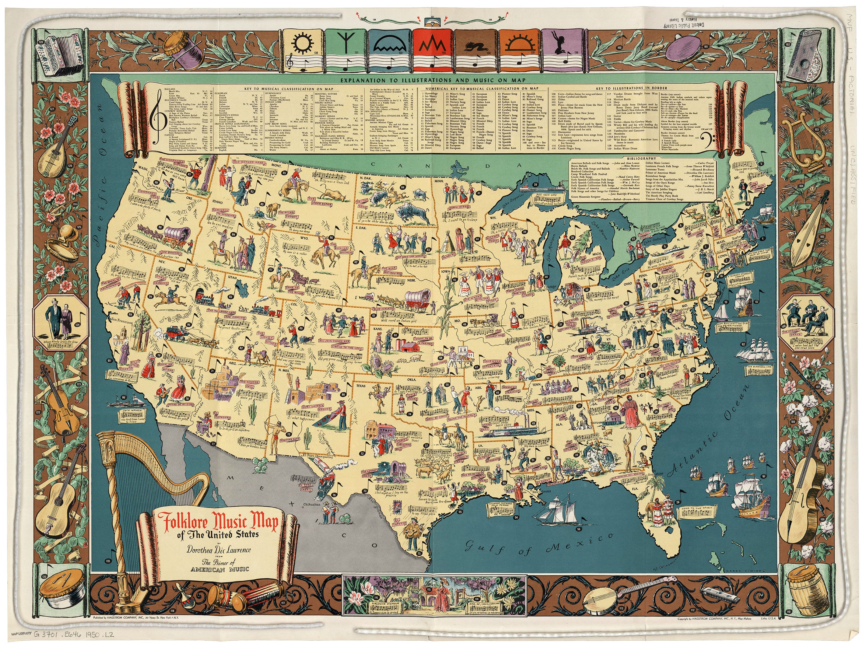 Folklore Music Map of the United States -- a pictorial map printed in 1950.